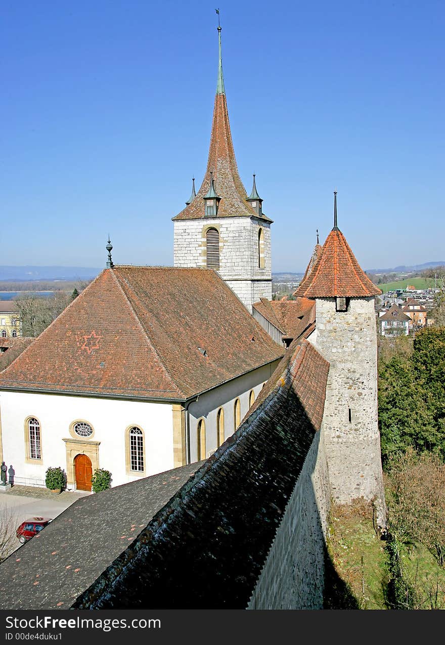 Old Church and Fortress Wall in Murten. Switzerland. Old Church and Fortress Wall in Murten. Switzerland