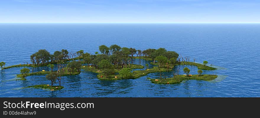 Small green islands with green trees - 3d illustration. Small green islands with green trees - 3d illustration.