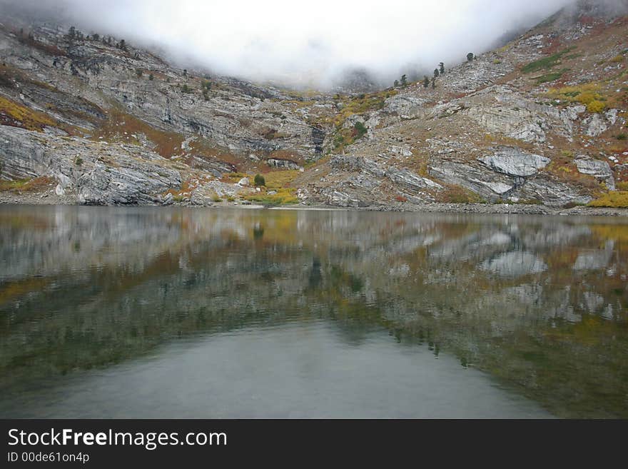 Foggy reflections in lake, Humboldt Range, humboldt-toyaibe national forest, nevada. Foggy reflections in lake, Humboldt Range, humboldt-toyaibe national forest, nevada