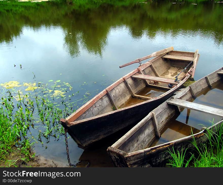 Boats of the fisherman near by riverside Nemunas in Lithuania