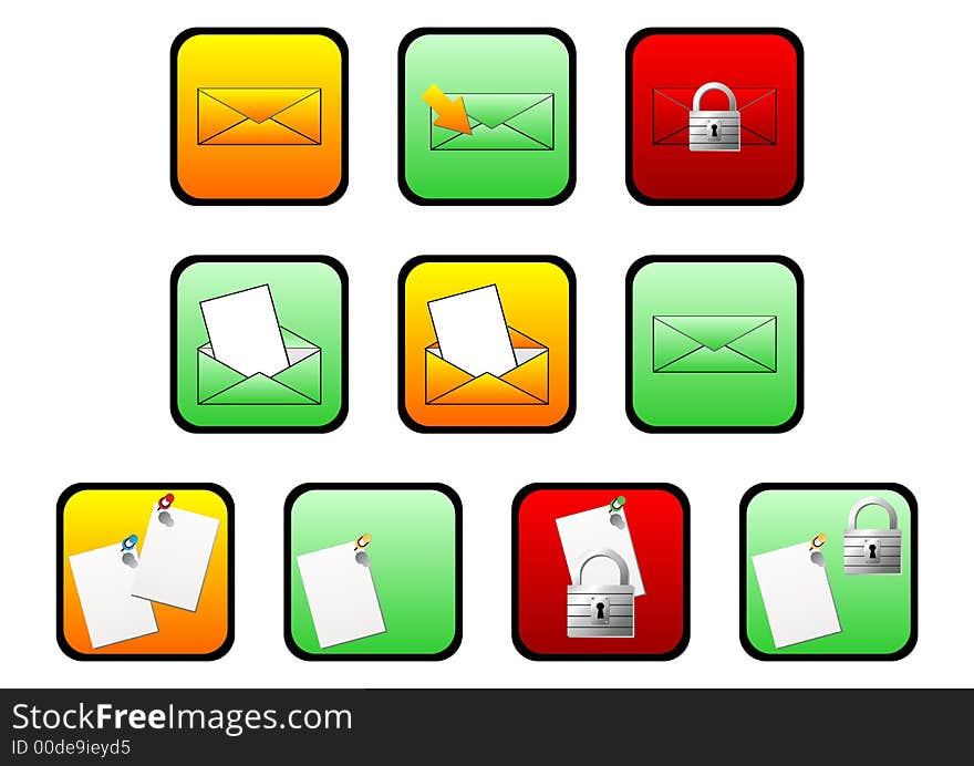 Suit of interface square buttons with different colors and internet forums theme over white background. Suit of interface square buttons with different colors and internet forums theme over white background