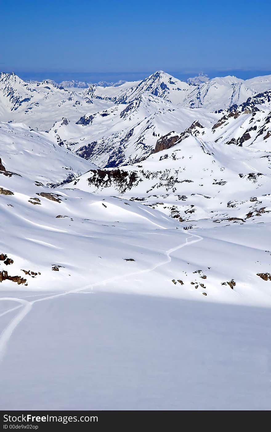 Mountain landscape with visible trail at the bottom and copy-space. Mountain landscape with visible trail at the bottom and copy-space