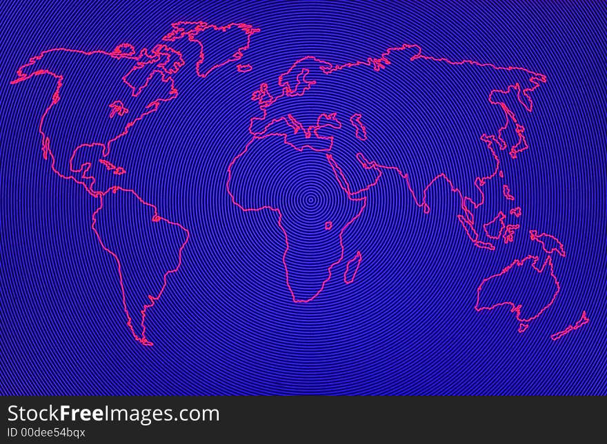 Rectangular world map showing the five continents limits as red lines on a blue background with fine concentric waves centred on equatorial Africa like geostationary satellites. Rectangular world map showing the five continents limits as red lines on a blue background with fine concentric waves centred on equatorial Africa like geostationary satellites.