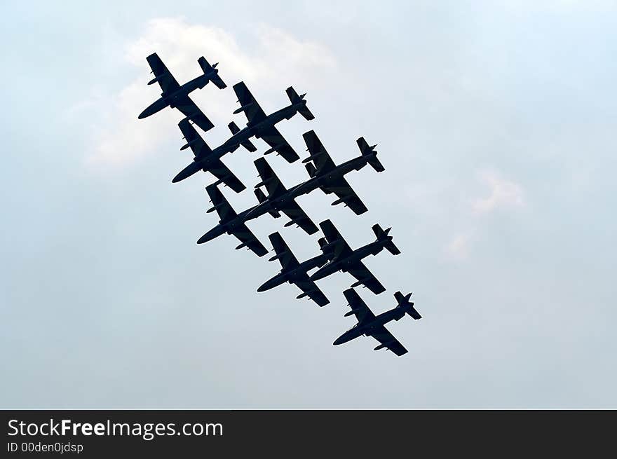 Group of jet planes performing on airshow