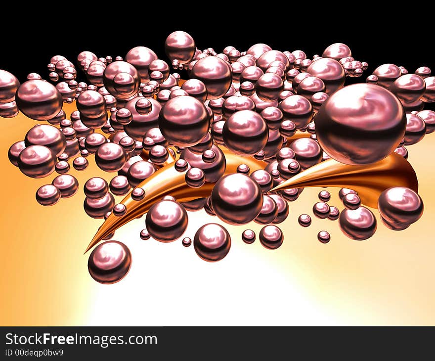 Silver red balls and golden objects on the delicate background. Illustration made on computer.