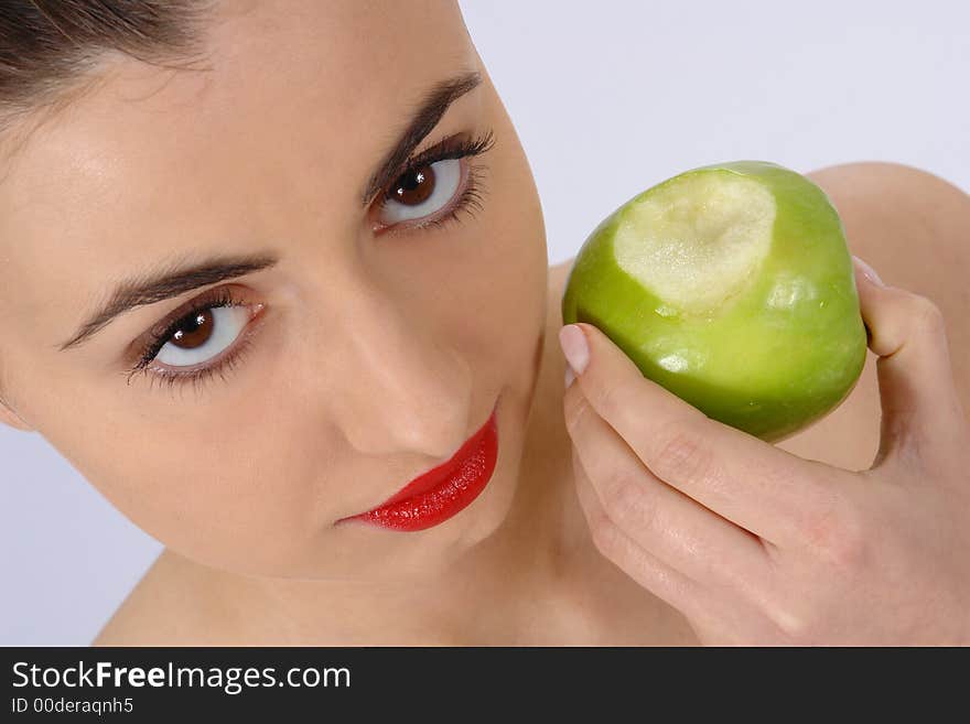 Portrait of beauty woman with green apple. Portrait of beauty woman with green apple