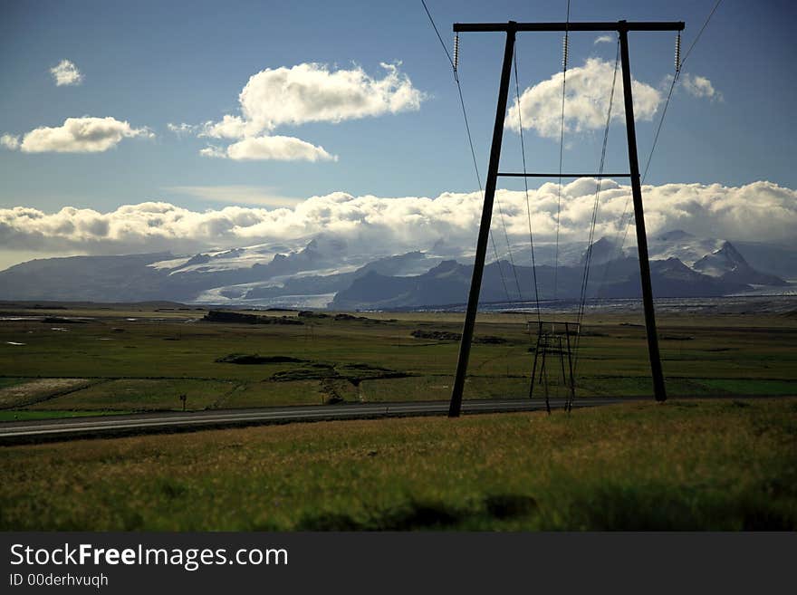 Power lines and glacier