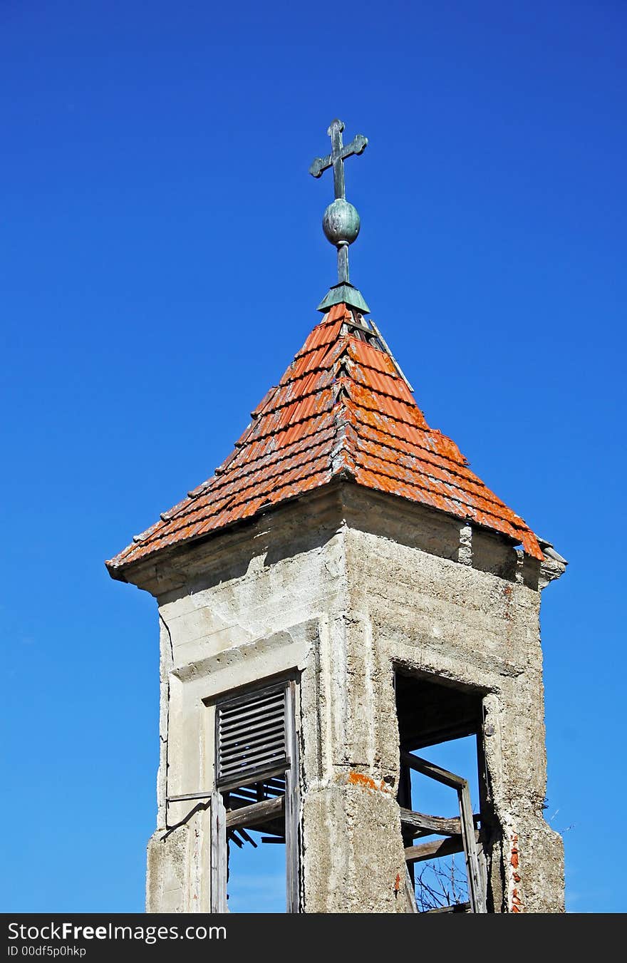 Old ruined church with blue sky background. Old ruined church with blue sky background