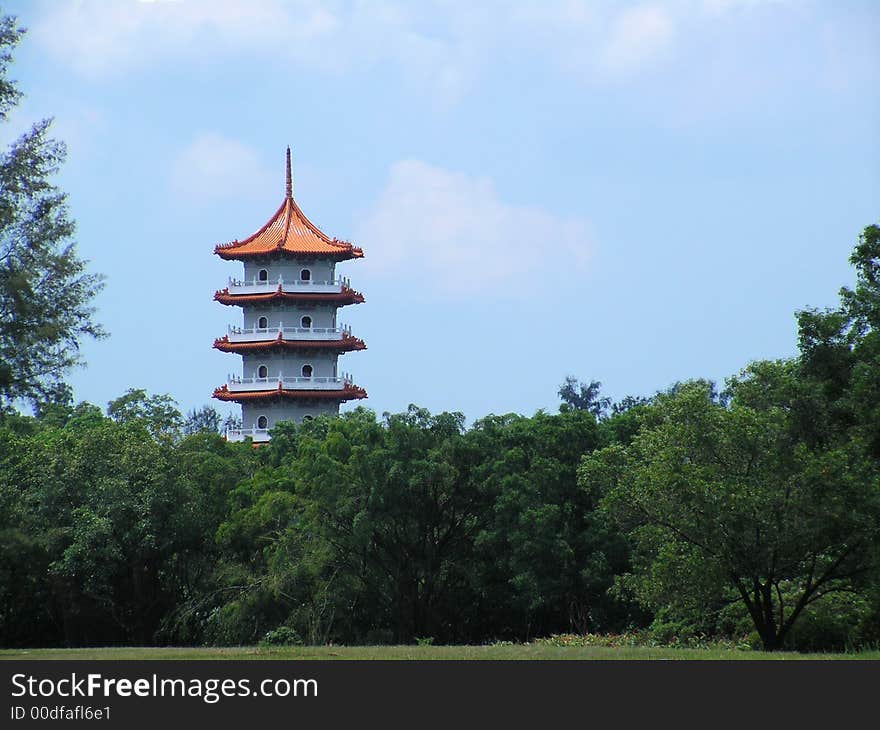 An old historic chinese pagoda building in a forest.