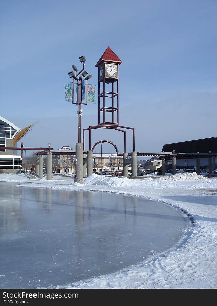 Ice rink in front of civic clock tower