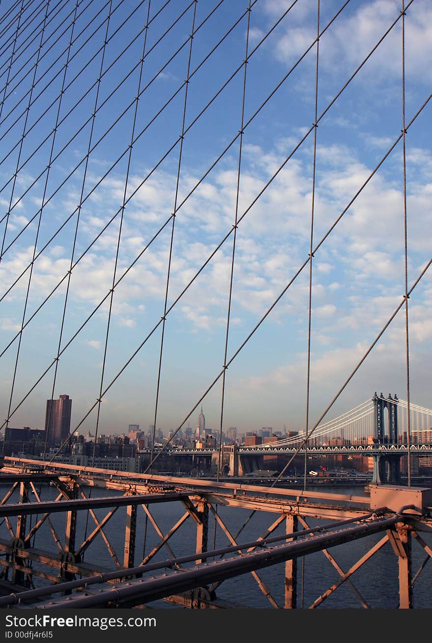 Unique view of Manhattan through Brooklyn Bridge