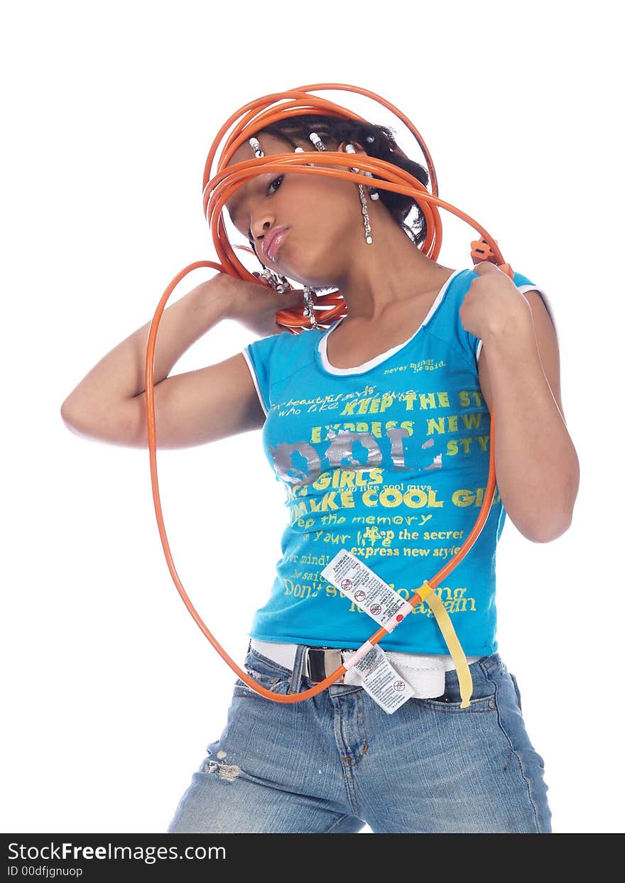 Young girl wrapped up in powercable. Young girl wrapped up in powercable