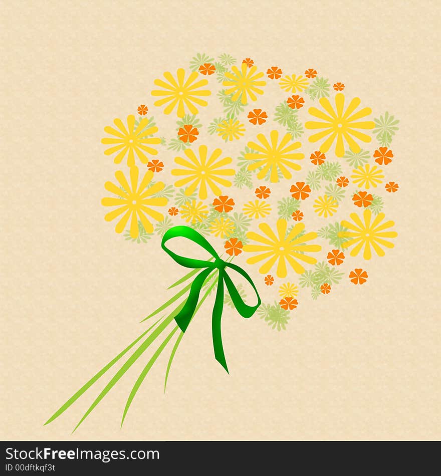 Colorful yellow flower bouquet with green ribbon. Colorful yellow flower bouquet with green ribbon