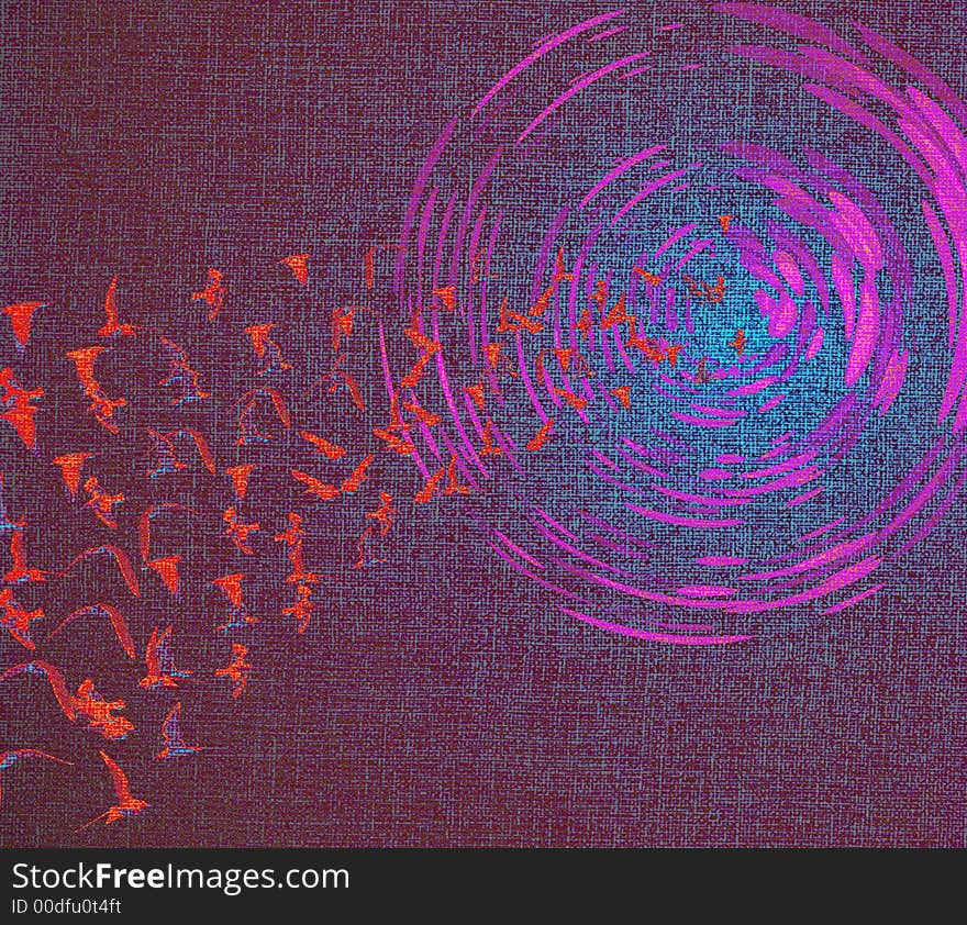 Abstract background with red birds and pink circles on canvas texture. Abstract background with red birds and pink circles on canvas texture