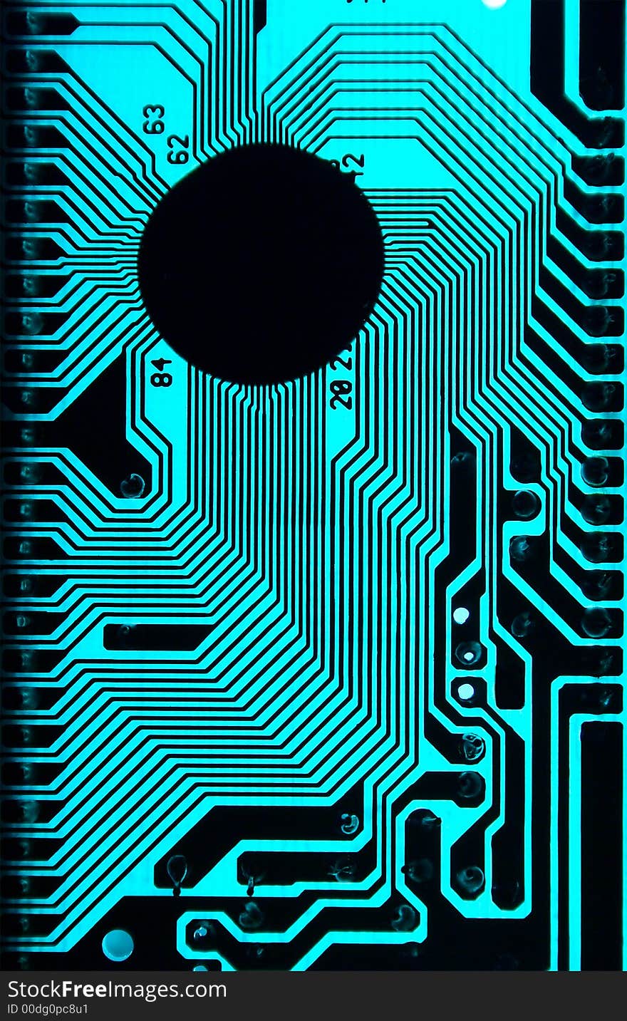 Contrast cyan printed circuit with chip. Contrast cyan printed circuit with chip