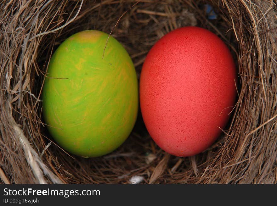 Painted Easter eggs in a bird's nest.