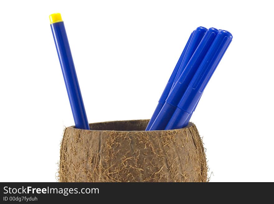 Blue pens in the coconut and one different.