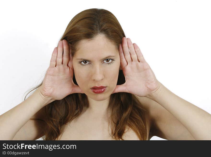 Woman, framing her face with her hands. Woman, framing her face with her hands