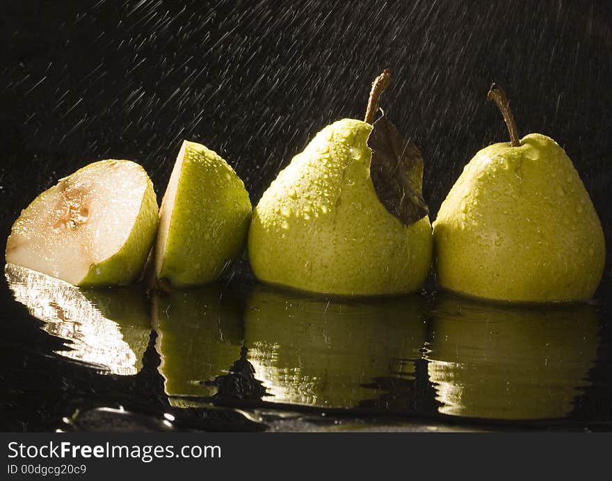 Pear is a fruit that has a yellow or green skin and is white inside. Pears are thinner at the top (i.e. where they join onto the tree) than at the bottom.