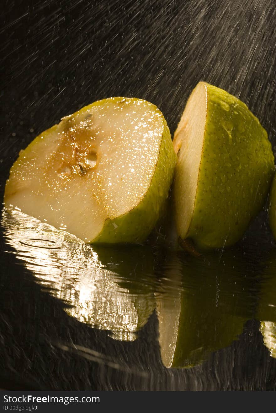 Pear is a fruit that has a yellow or green skin and is white inside. Pears are thinner at the top (i.e. where they join onto the tree) than at the bottom.