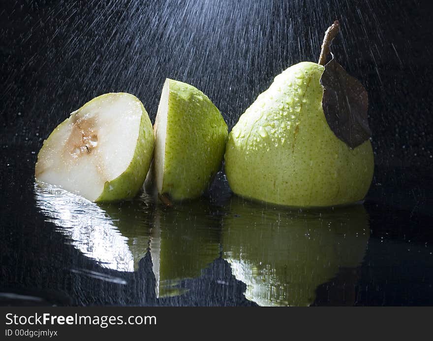 Pear is a fruit that has a yellow or green skin and is white inside. Pears are thinner at the top (i.e. where they join onto the tree) than at the bottom.