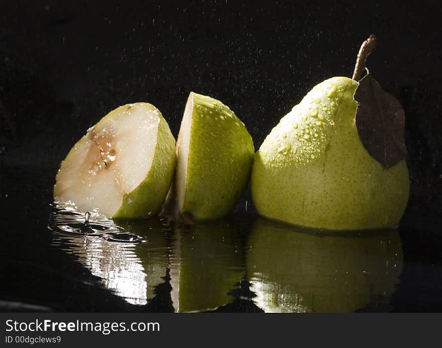 Pear is a fruit that has a yellow or green skin and is white inside. Pears are thinner at the top (i.e. where they join onto the tree) than at the bottom.