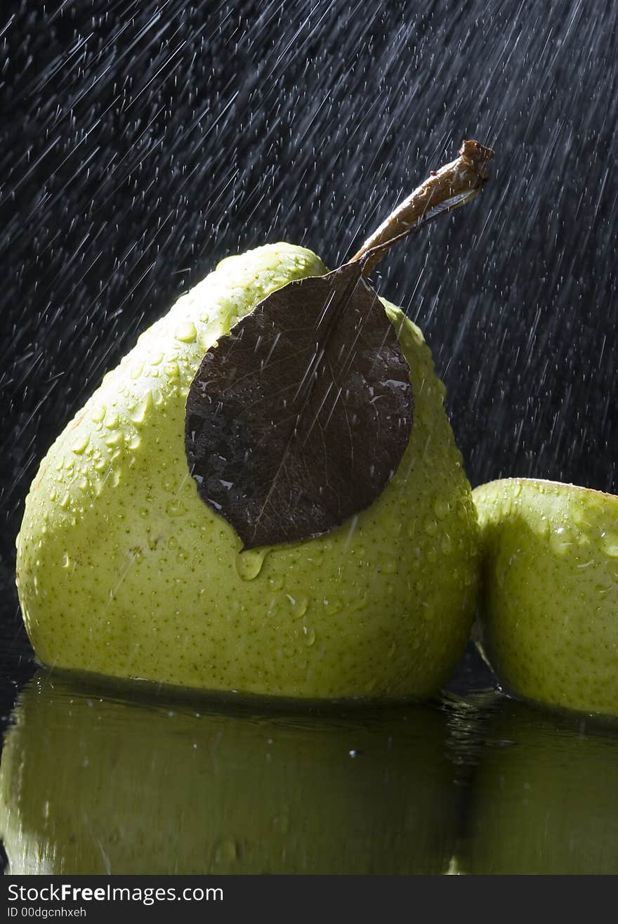 Pear is a fruit that has a yellow or green skin and is white inside. Pears are thinner at the top (i.e. where they join onto the tree) than at the bottom.