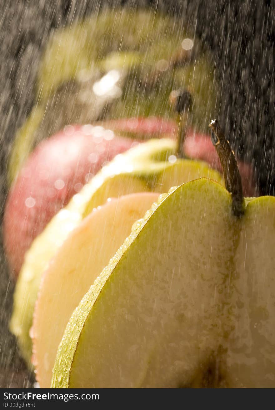 Pear is a fruit that has a yellow or green skin and is white inside. Pears are thinner at the top (i.e. where they join onto the tree) than at the bottom.