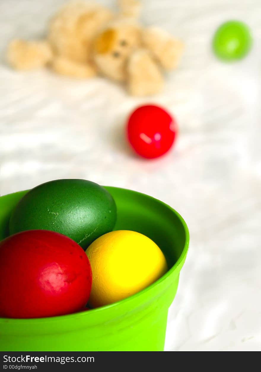 Easter Eggs with bunny at background (Shallow DOF). Easter Eggs with bunny at background (Shallow DOF)