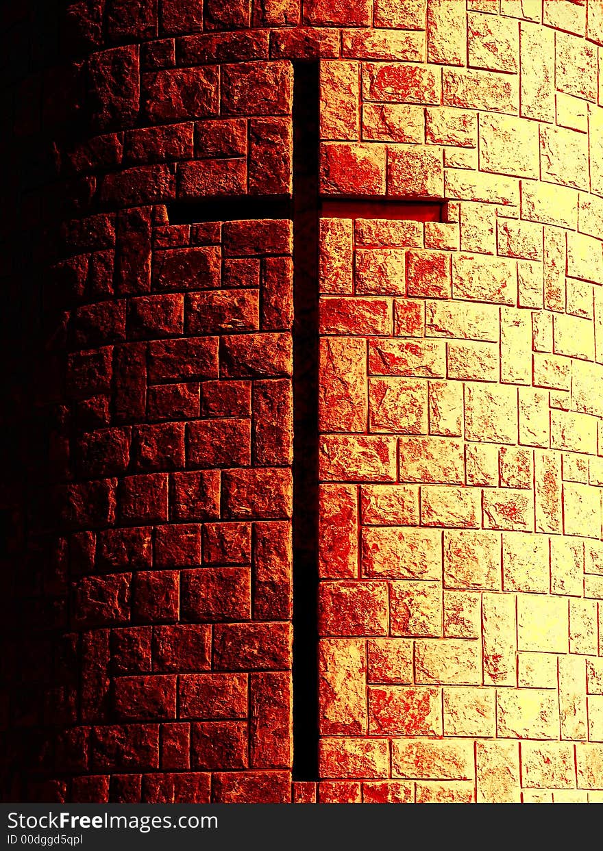 A cross window of a modern church with stone blocks - warm tone. A cross window of a modern church with stone blocks - warm tone.