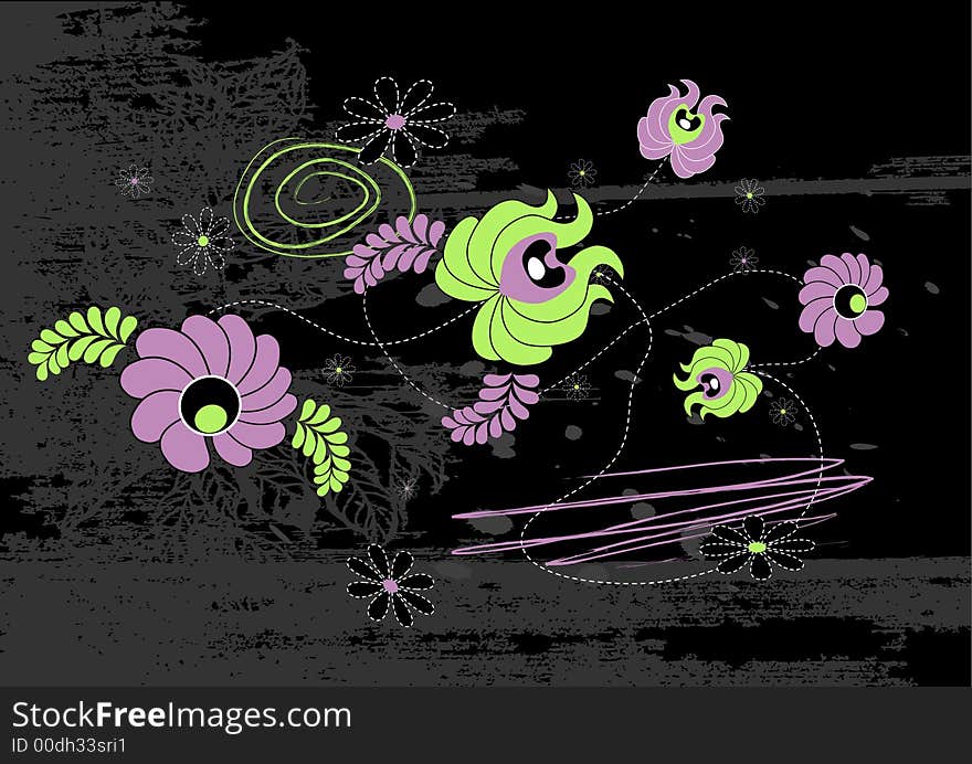 Green and purple flowers on black background. Vector