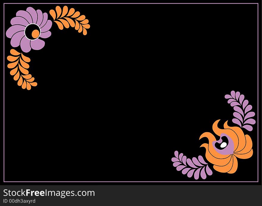 Orange-purple flowers in the corner on black background. Vector