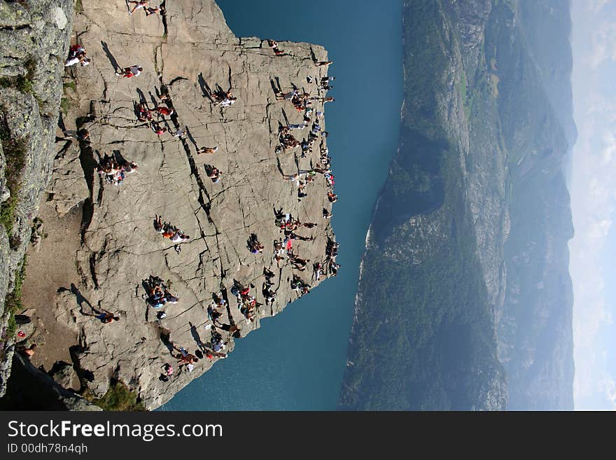 Pulpit Rock at Lysefjorden in Norway. A well known tourist attraction towering 600 meters over sea level.