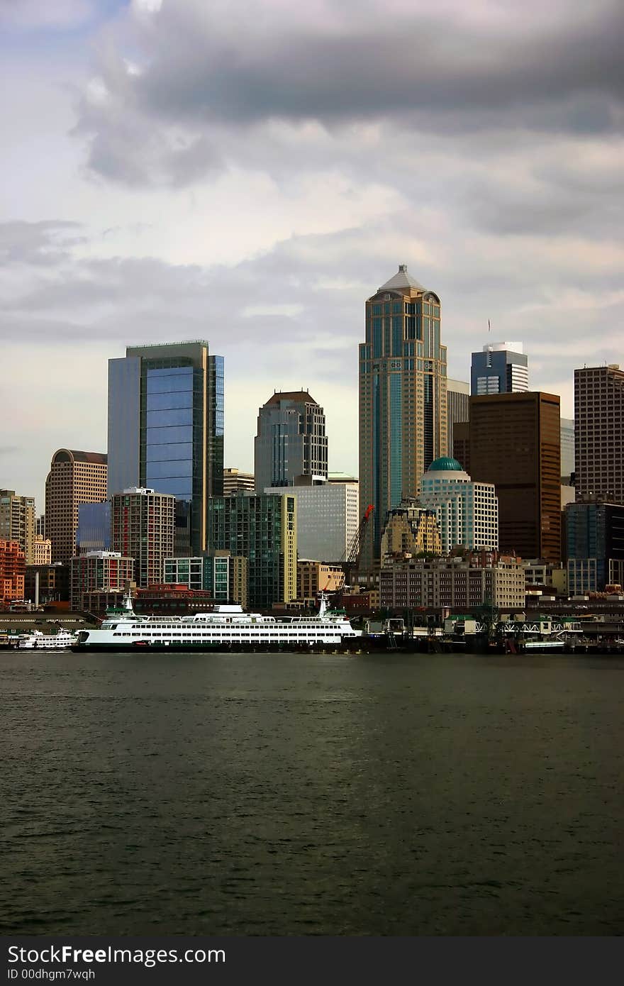 Seattle Skyline with docked ferry, view from Pudget Sound