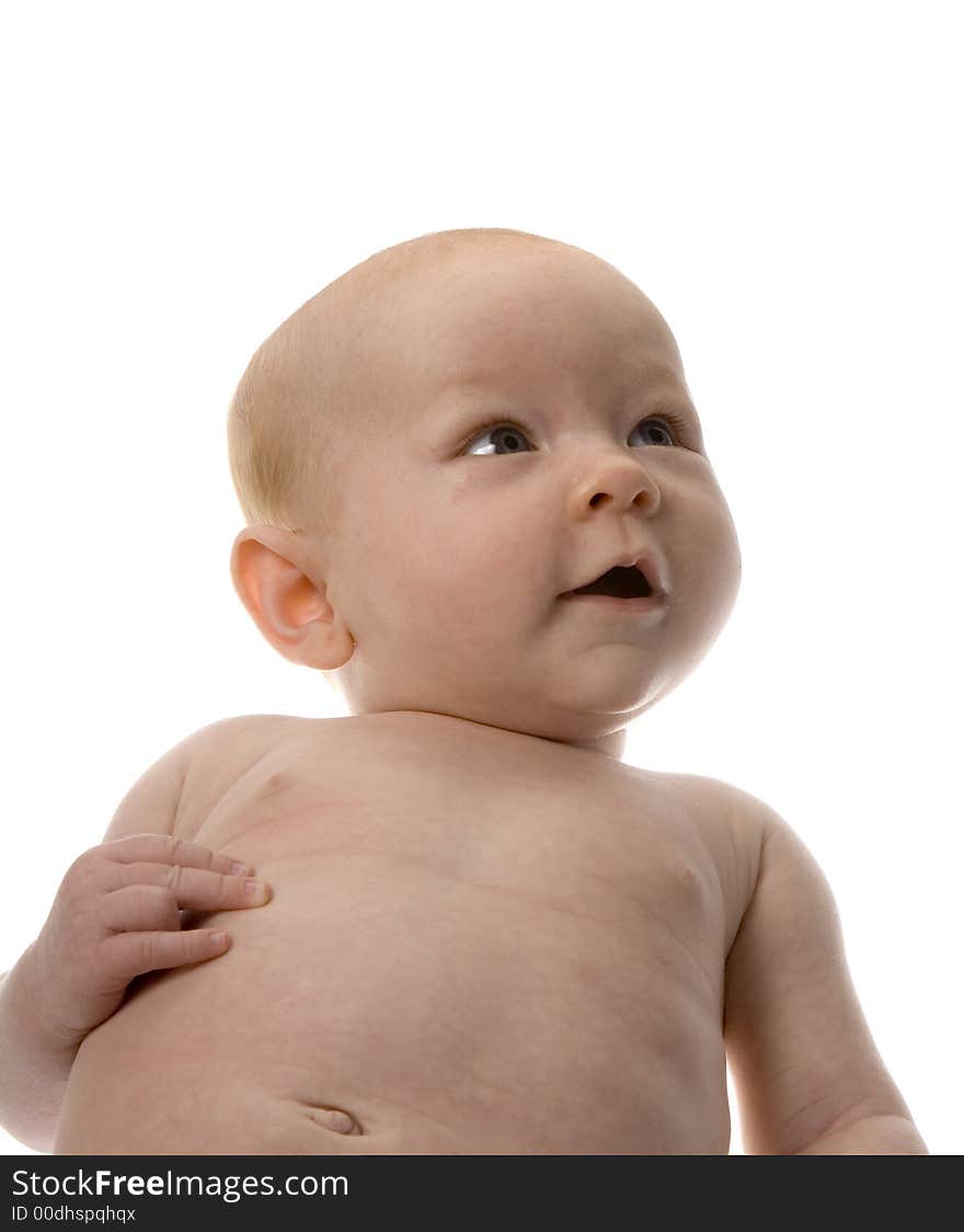 2 month old baby looking up on isolated white background. 2 month old baby looking up on isolated white background