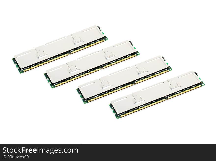 Four modules of computer memory on a white background