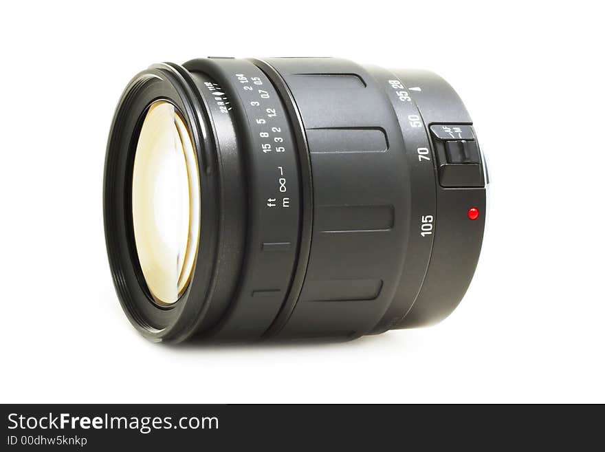 High-quality auto focus optic lens for DSLR camera on a white background with pretty shadow