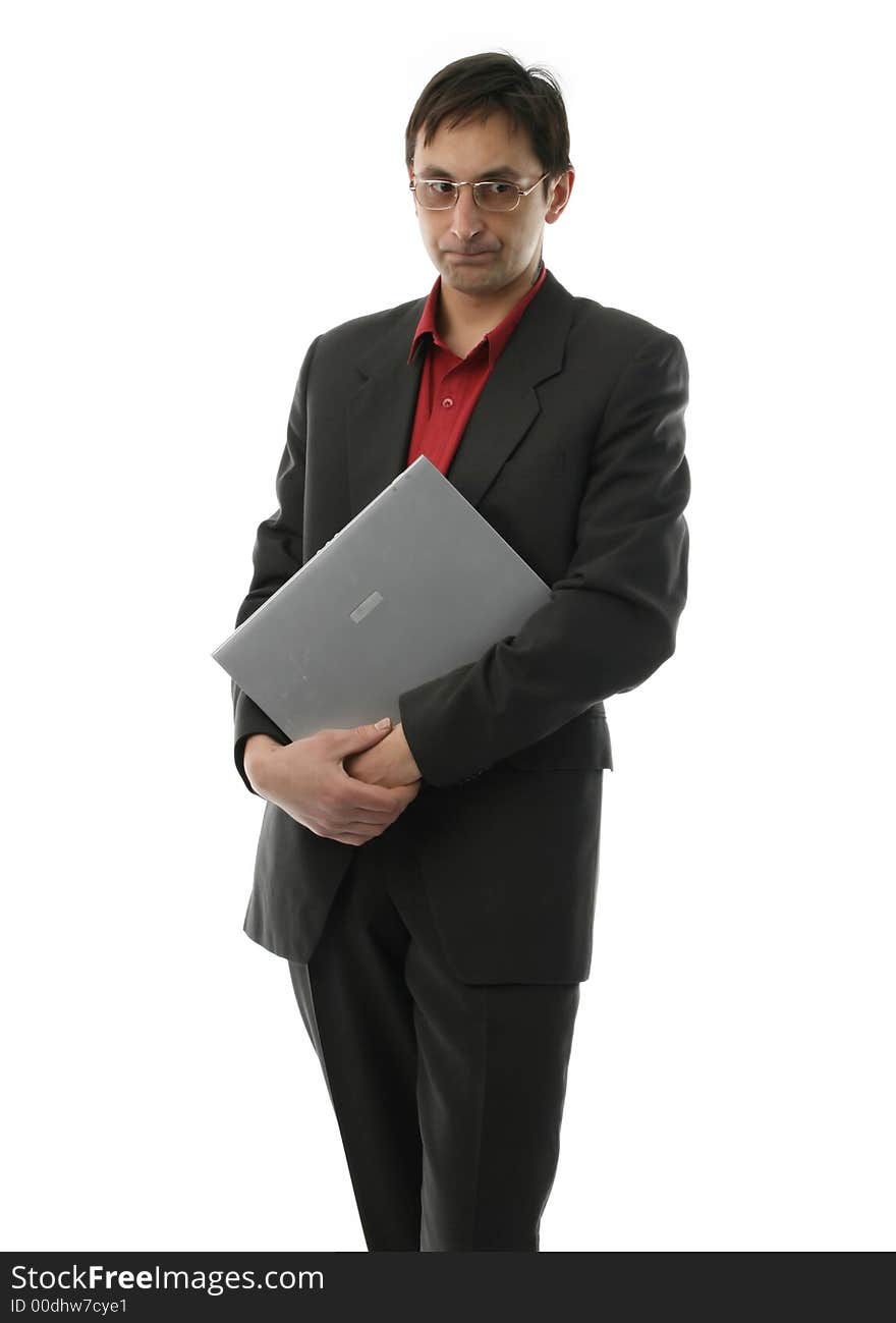 The businessman costs and holds in hands laptop