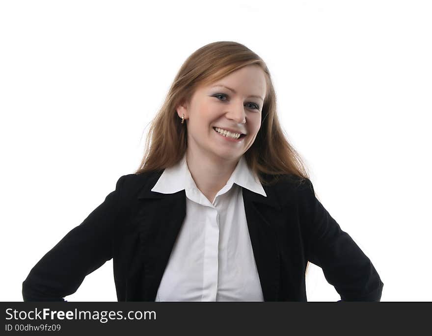 Young businesswoman smiles on a white background