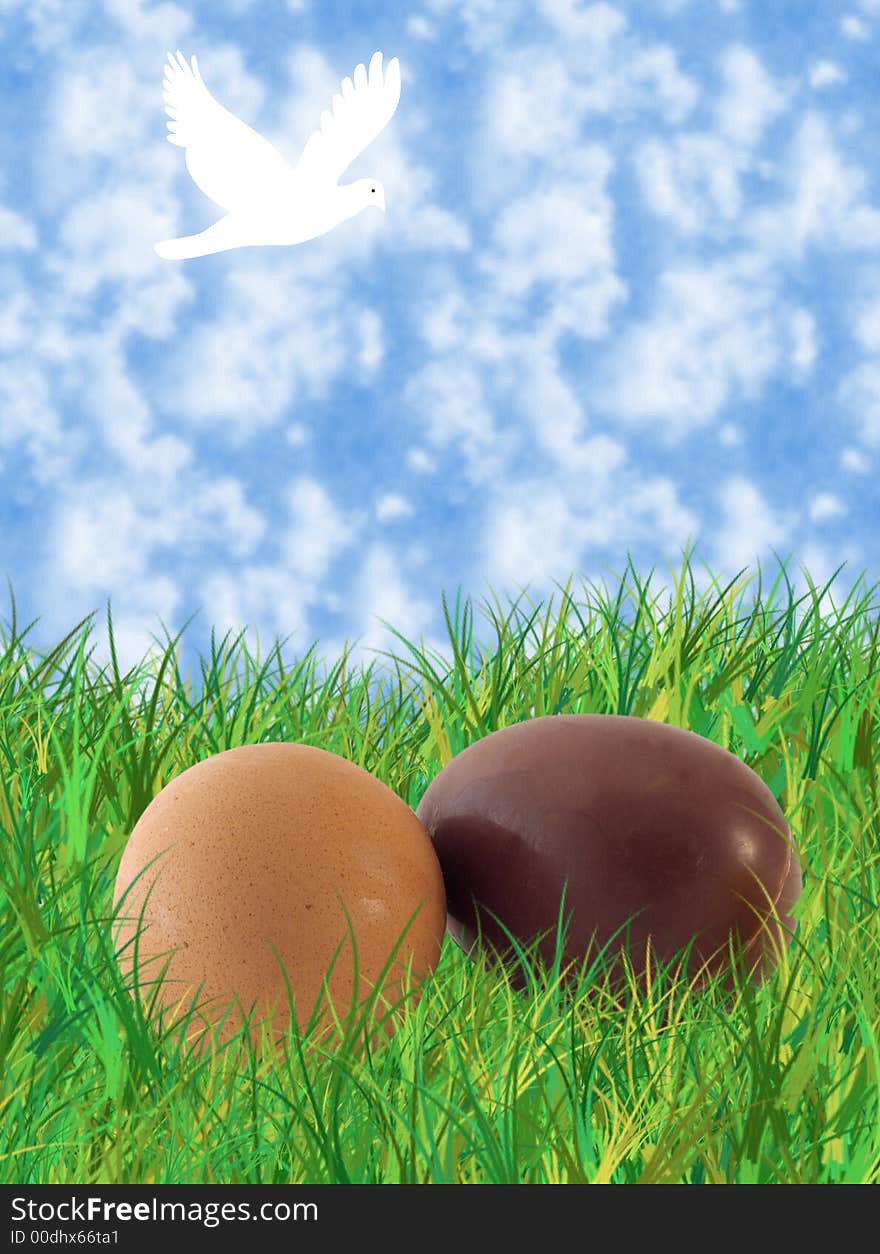 An egg and a chocolate egg on the grass to welcome easter time. An egg and a chocolate egg on the grass to welcome easter time