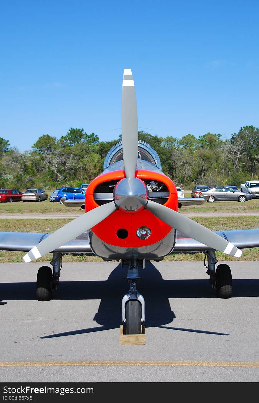 Front view of classic propeller driven airplane. Front view of classic propeller driven airplane