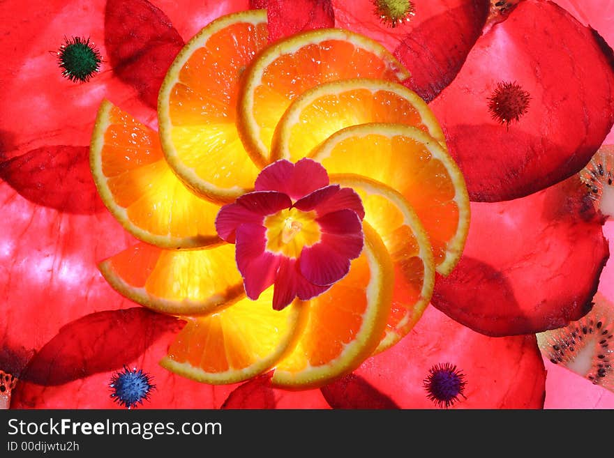 Arrangement of slices of beetroot and oranges with a flower in the center. Arrangement of slices of beetroot and oranges with a flower in the center.