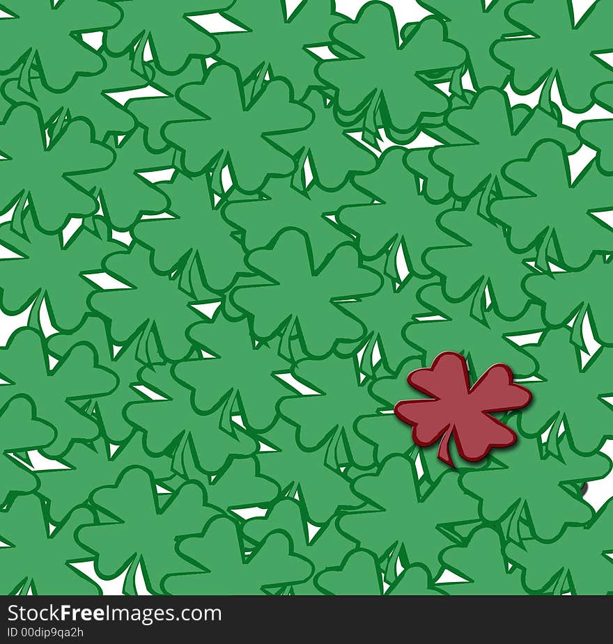 A background of green shamrocks with one red 3D shamrock. A background of green shamrocks with one red 3D shamrock.