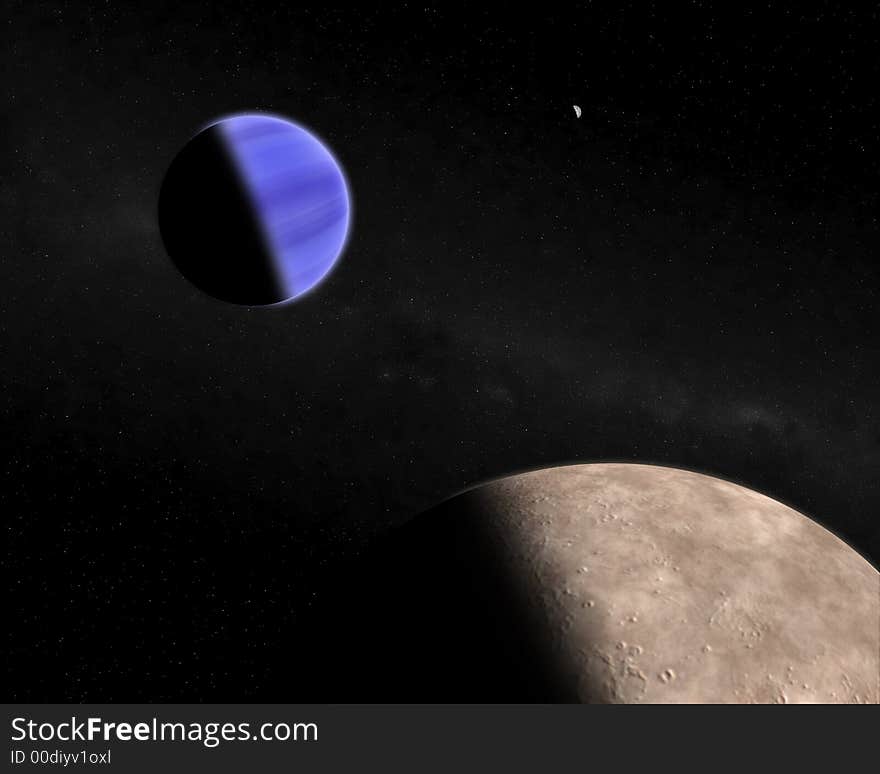 This hires illustration is a theoric reconstruction of a extrasolar blue giat planet with moons. This hires illustration is a theoric reconstruction of a extrasolar blue giat planet with moons