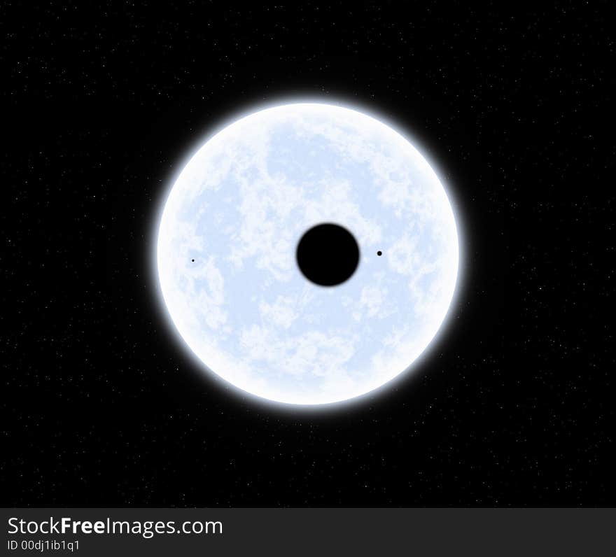 This hires illustration is a theoric reconstruction of a planet with moons durng transit over on a giant blue star. This hires illustration is a theoric reconstruction of a planet with moons durng transit over on a giant blue star