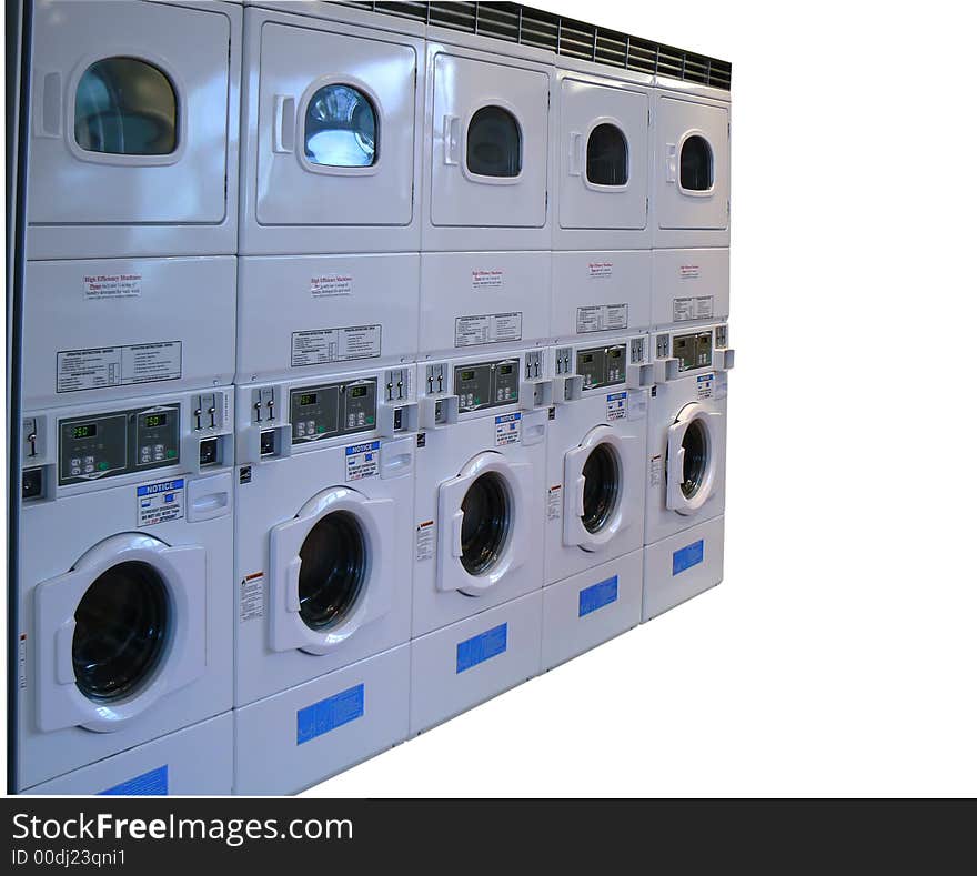 Coin operated washers and dryers in a marine laundromat, clipping path