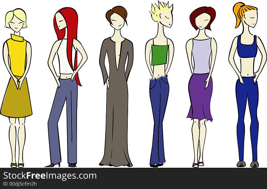 An Illustration of 6 women in various outfits. An Illustration of 6 women in various outfits.