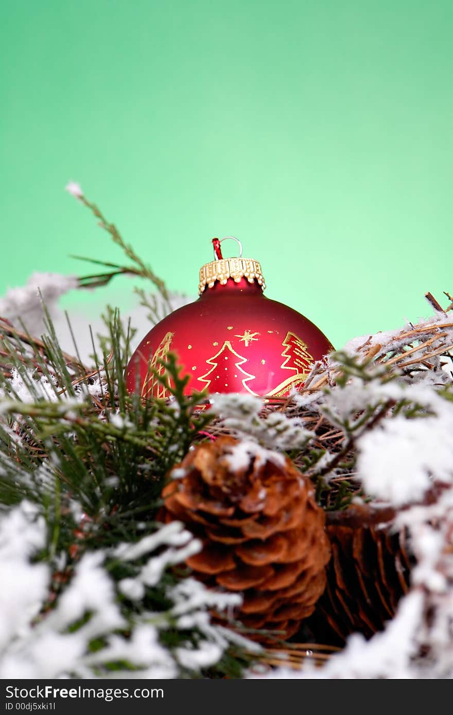 Red ornament in nest and snow