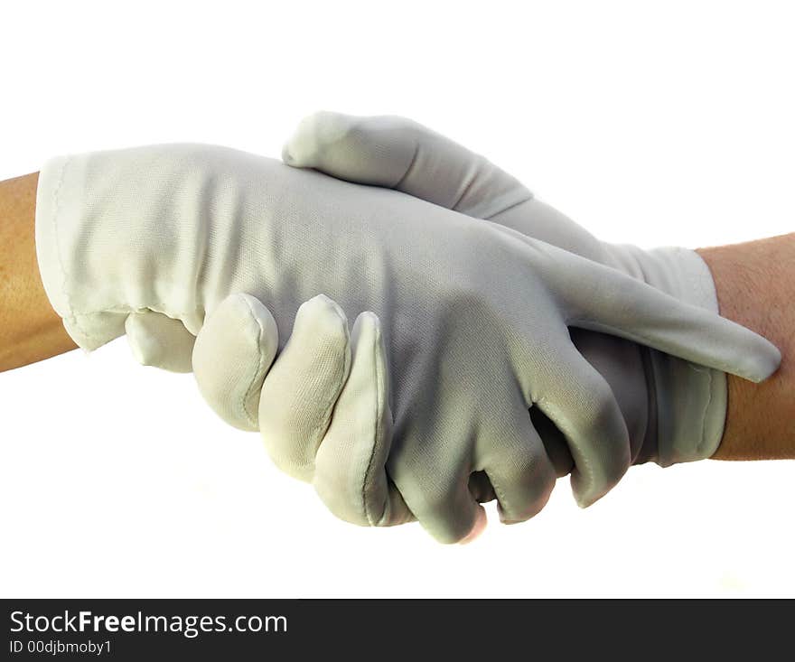 Shaking hands wearing white gloves clean