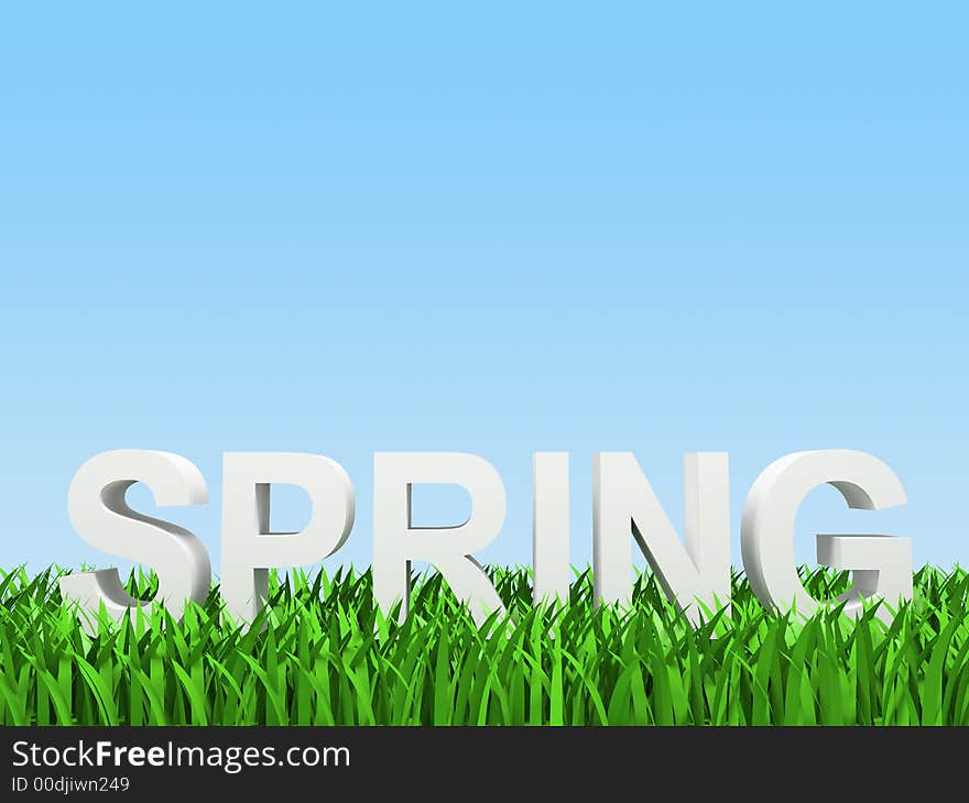 White word spring on herb on turn blue background